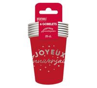 6 GOBELETS CARTON ANNIVERSAIRE 25CL ROUGE