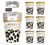 6 GOBELETS CARTON ANNIVERSAIRE LÉOPARD PEAU 25CL Or / Noir / Blanc