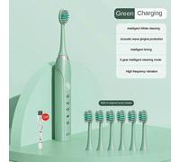 (6 heads,green)5 Modes Electric Sonic Toothbrush with 6 Heads Rechargeable USB Kids & Adults