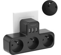 6 In 1 French Wall Socket 3 Ac Output With 3 Usb Ports, Black Usb Charger 4000 W For Home, Office, Compatible With Phone, Pad