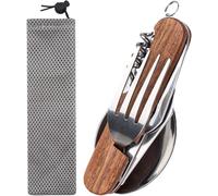 6 In 1 Stainless Steel Folding Cutlery Set,Camping Cutlery Set,With Wooden Handle,Multifunctional Camping Tableware,Travel Tableware With Pocket,For Travel,Camping