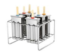 6 moules en acier inoxydable sur le manche - Avec base de support - En métal durable - Plateau pop - Moules réutilisables en acier inoxydable pour friandises surgelées faites maison, collations d'été