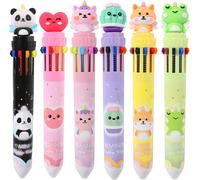 6 Pack 10 In 1 Cartoon Animal Retractable Ballpoint Pen Multicolor Office School Supplies Student Kids Refill 0.5mm