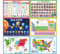6 Pack de Sets de Table pour Enfants, Antidérapants, Lavables et Réutilisables, Univers, Tableau Périodique, Présidents des États-Unis, Corps Humain, Carte des États-Unis et Carte du Monde