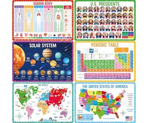 6 Pack de Sets de Table pour Enfants, Antidérapants, Lavables et Réutilisables, Univers, Tableau Périodique, Présidents des États-Unis, Corps Humain, Carte des États-Unis et Carte du Monde