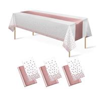 6 Pack Disposable Plastic Tablecloths 137 * 274 cm and Satin Table Runner,Party Table Cloths,Gold Dot Confetti Table Cover for Birthday, Engagement, Wedding (White Rose Gold+ Rose Gold TR, 3Pack)