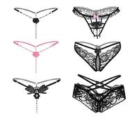 6-Packs String ficelle Crotchless avec Perles Fleur Trou kit Femme, Dentelle Noire Sexy Strings taille haute Sous-Vêtements Avec Entrejambe Ouvert Tanga G-String Lingerie Tongs V-String Culotte