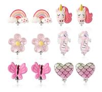 6 Paires Boucles d'Oreilles à Clipser avec 12 Coussinets, Papillon Arc-En-Ciel Fleur Licorne pour Filles - Cadeaux pour Enfants