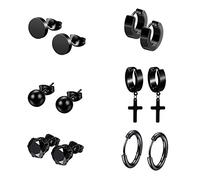 6 Paires Boucles d'Oreilles en Acier Inoxydable Clou et Créole pour Homme et Femme Anneau, Croix, Diamant Noir