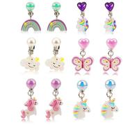 6 Paires de Boucles d'Oreilles à Clip pour Fille, Boucles d'Oreilles non Percées avec Coussinets d'Oreille Motif Arc-en-Ciel de Lapin Papillon Mignon à Clip non Perforées
