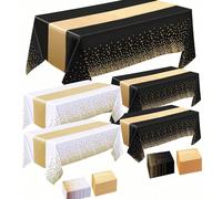6 paquets de nappes et chemins de table en satin, nappes blanches à pois dorés de 54 x 108 pouces, chemins de table en satin doré de 12 x 108 pouces, nappes en plastique jetables, convient pour les ma