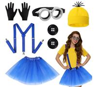 6 Pcs Adults Cosplay Costume Accessories with Yellow Beanie Knit Hat Black Gloves Skirt Steampunk Goggles Buttons Blue Shoulder Strap for Halloween Cosplay Party World Book Day Dress up Outfits