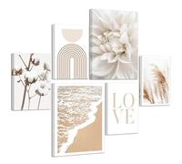 6 Pcs Beige Love Fleurs Roseaux Tableau Decoration Murale Encadre Set, Esthétique Blanc Floral Plantes Affiche Deco Murale Littoral Côte Tableau Peinture Sur Toile Déco Salon Chambre Cuisine Bureau