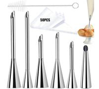 6 Pcs Douille de Pâtisserie Petit Choux Avec brosse de nettoyage et 50 poches à douille, Douilles en Acier Inoxydable à Garnir, Cupcake Puffs Injection Seringue (6)