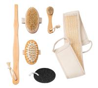 6 PCS Ensemble de Brosses à Sec Corporel - Ensemble Brosse Corps Long Manche en Bois avec Pierre Ponce & Brosse Visage & Gant Exfoliant, Brosse de Gommage Douche à Soies de Sanglier pour Exfoliation