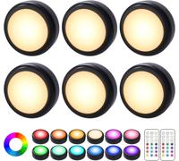 6 Pcs Lampe Placard De 1w, Lampe Led Veilleuse Rgb 13 Couleurs Luminosité Lampe Murale Sans Fil Réglable Pour Cuisine, Chambre,Coiffeuse,Couloir Alimenté Par Batterie(Non Inclus)Avec 2 Télécommandes