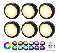 6 Pcs Lampe Placard de 1W, Lampe LED Veilleuse RGB 13 Couleurs Luminosité Lampe Murale sans fil Réglable Pour Cuisine, Chambre,Coiffeuse,Couloir Alimenté par Batterie(non inclus) avec 2 Télécommandes