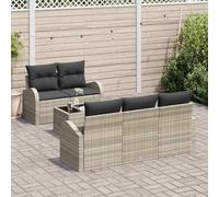 6 Pcs Outdoor Patio Furniture Set, Modular Garden Sofa Sectional with Glass Coffee Table, Waterproof Poly Rattan Wicker & Powder Coated Steel Frame, Light & Dark Grey Cushions for Terrace, Poolside