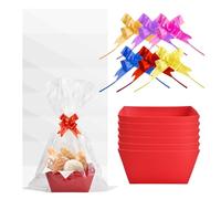 6 Pcs Panier Cadeau, 25x20x11,5cm, Paniers Cadeaux Vide, Panier Garni avec 6 Sacs Transparent et 6 Nœuds, Récipients Kraft avec Poignées, Coffret Cadeau Femme Homme, Corbeille Cadeau Fêtes (Rouge)
