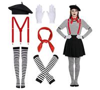 6 PCS Pantomime Costume Accessoires, Costume de Mime Set, Déguisement Mime, Comprend Béret, Bretelles, Écharpe, Gants, Chaussettes Hautes et Brassard Rayé, pour Spectacles, Fêtes et Quotidien