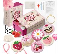 6 pcs poinçon Aiguille Coaster Kit, Rose Broderie Sugar Bloom Motifs Coaster avec Fils Hoop Instructions pour Les débutants Adultes Bricolage Aiguille Punch Craft