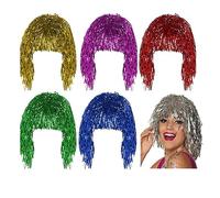 6 Pcs Tinsel Wig, Perruques Costume Tinsel Perruques pour les fêtes, Or, Blanc, Vert, Violet, Rouge et Bleu Métallisé Costume Halloween Carnaval Noël Cosplay Tinsel Wig