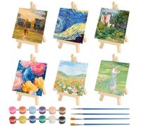 6 PcsToile Peinture, Mini Toile a Peindre Coton, 10x10cm Toiles à Peindre, Toile Blanche pré-étirées pour Peintures Acryliques Huile Peintres + 6 Mini Chevalet en Bois, 4 Pinceaux et 2 Kits Peinture