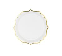 6 petites assiettes en carton blanches et bordures dorées ciselées 18 cm