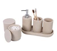 6 Piece Bathroom Set - Soap Dispenser+Toothbrush Tumbler with Tray & Cotton Box - Striped Design (Beige) Premium Resin - Inclu