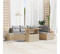 6-Piece Outdoor Dining Set, Patio Furniture with Table and Chairs, Beige Grey Rattan Garden Set for Terrace, UV Resistant, Modular Design, Acacia Wood Top, Waterproof Cushions, Easy Assembly