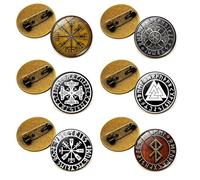 6 Pièce Vegvisir Broche en forme de boussole, Boussole en verre ronde faite à la main, Vegvisir Viking Boussole, Bijoux de Guerrier Viking Nordique(Bronze)