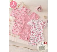 6 pièces/3 ensembles Haut à manches courtes et short de pyjama décontracté à col rond en tricot, coupe près du corps. Motifs mignons : pois roses et licornes blanches, imprimé arc-en-ciel. Ensemble py