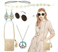 6 Pièces 60s Accessoires Hippie, Sac Paille Femme, Lunettes de Soleil, Bandeaux, Colliers, Boucles d'Oreilles et Bracelets, Accessoires Hippie pour Halloween Soirée Disco