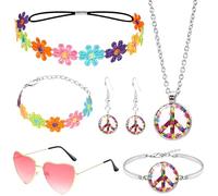 6 Pièces Accessoires Hippie pour Femmes, Années 70 Costume Flower Power avec Coiffe de Marguerite Lunettes d'amour Collier de Paix Boucles d'oreilles Bracelet pour Soirées Thème de Carnaval Disco