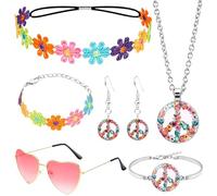6 Pièces Accessoires Hippie pour Femmes, Années 70 Costume Flower Power avec Coiffe de Marguerite Lunettes d'amour Collier de Paix Boucles d'oreilles Bracelet pour Soirées Thème de Carnaval Disco
