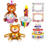 6 Pièces Ballons Anniversaire D'aluminium, Cadre Photobooth Decoration Anniversaire, Cadre Photo Anniversaire Props Accessoires, Ours Bougie Gâteau Deco Anniversaire