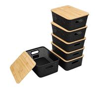 6 Pièces Boîte Rangement Avec Couvercle Bambou, En Plastique, Avec Poignée,Boîte Empilable, Paniers de Rangement Imitation Rotin Plastique Empilables, Pour Cuisine, Chambre à Coucher, Balcon(Noir)