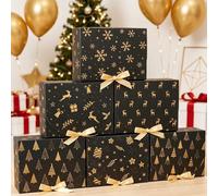 6 pièces Boîtes cadeaux de Noël avec rubans, boîtes d'emballage cadeaux de Noël noires et dorées, boîtes cadeaux de Noël avec design de flocon de neige, renne, bonhomme de neige et pingouin, petites b