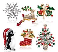 6 Pièces Broche en Strass Cristal de Noël, Broches de Noël à la Mode Élégantes pour Célébration de Vacances Fête de Noël, Flocon de Neige, Pingouin, Cloche Bowknot, Renne, Sapin de Noël et Bottes