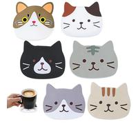 6 Pièces Chat Mignon Coaster en Silicone Alimentaire Résistant à la Chaleur, Tasse de Tapis de Caoutchouc Antidérapant Visages Décoratifs pour Vin, Verres, Tasses à Thé et Boissons