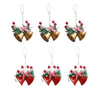 6 Pièces Cloches de Noël,Vintage Cloche en Fer, Décorations de Cloches de Noël, Pendentif Corde de Chanvre Fruits Rouges Accessoires Tentures de Fenêtre(doré, rouge)