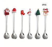 6 pièces Coffret de cuillères à café de Noël mignonnes en acier inoxydable - Cuillère à mélanger pour restaurant, café, fête, dessert, expresso, milkshake, confiture, chocolat et lait, cadeau de Noël 