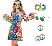 6 Pièces Costume Hippie des Années 60 et 70 Pour Femme, Robe Hippie, Deguisement Disco Femme Pour Fête Carnaval Cosplay Avec Signe Paix, Boucles D'oreilles, Collier, Bandeau, Lunettes Soleil (3XL)