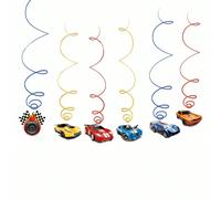 6 pièces Décorations suspendues tourbillonnaires de fête de voitures de course, drapeaux à damier pour décoration de plafond en aluminium pour anniversaire de fans de course automobile, fournitures de