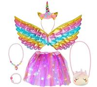 6 Pièces Déguisement Licorne Lumineuse Serre Tete Licornes Jupe Tulle Deguisement Licorne Fille Ailes Collier Bracelet Sac Costumes de Unicorn Enfant pour Halloween, Noël, Carnaval, Anniversaire