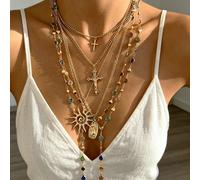 6 pièces Ensemble de colliers multi-pendentifs empilables multicouches, design géométrique minimaliste élégant et exquis, style vintage avec relief de soleil texturé, croix, strass colorés brillants e