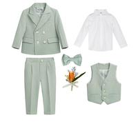 6 Pièces Ensemble de Costumes de Garçons,Gentilhomme Tenues de Smoking pour Enfant Garçon Blazer+Pantalon+Gilet+Chemise+Noeud Papillon+Broche,Costume Formel pour Mariage Fête Cérémonie Grün B 9-10 ans