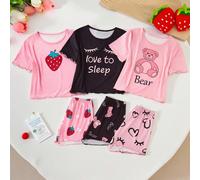 6 pièces Ensemble de pyjama avec motifs de nounours, fraises et messages d'amour pour dormir. Comprend un t-shirt doux et des shorts extensibles. Ajustement confortable et entretien facile. Vendu sépa
