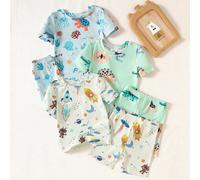 6 pièces Ensemble de pyjama court à manches courtes pour bébé garçon, coupe ajustée et douce, avec des imprimés mignons d'animaux, d'univers et de vie océanique. Vêtements d'intérieur confortables pou