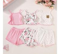 6 pièces Ensemble de pyjama short camisole avec imprimé floral et feuilles pour filles, tissu texturé à rayures roses, style simple et frais de couleur unie 6Y,7Y,4Y,5YPlantesÉtoffe